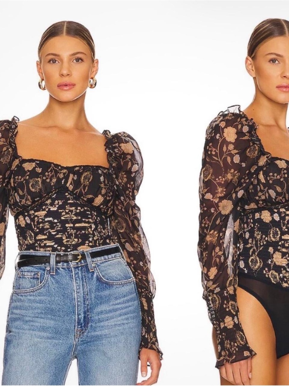 Free People Black Bodysuit with Gold Floral Print and Puff Sleeves